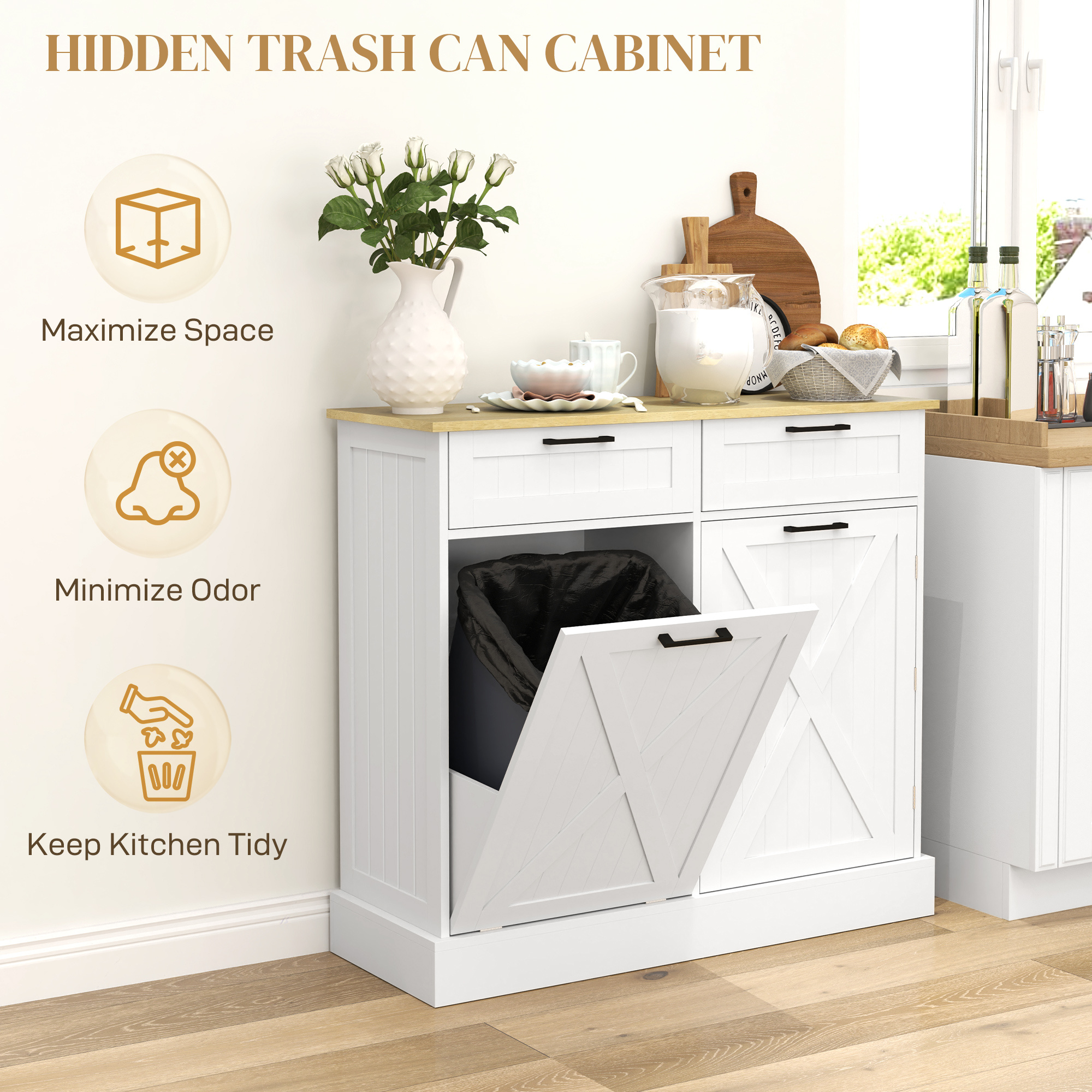 Farmhouse Kitchen Cabinet with Hidden Trash Can and 2 Drawers, Tilt Out for 10 Gallon, White - Image 3