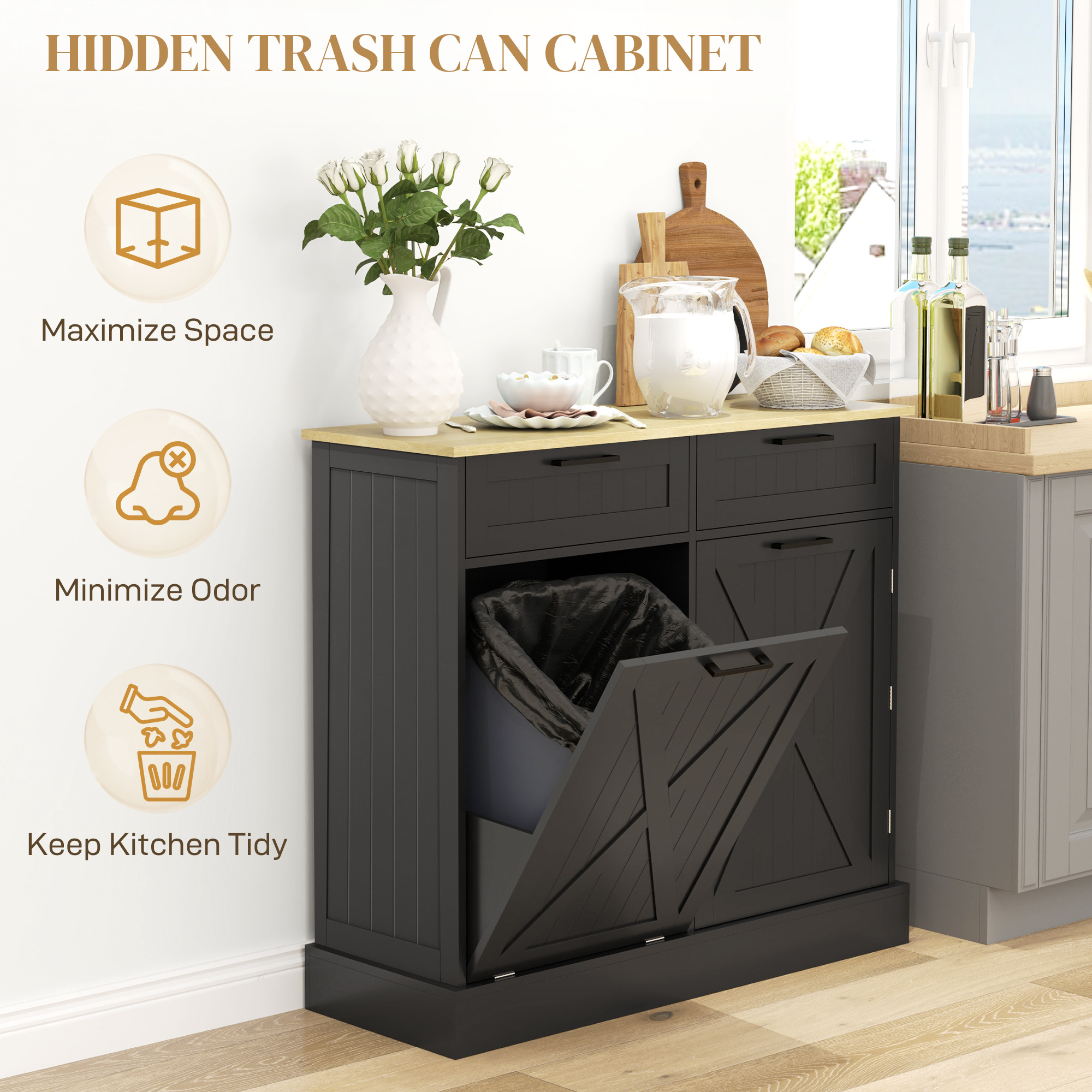 Farmhouse Kitchen Cabinet with Hidden Trash Can and 2 Drawers, Tilt Out for 10 Gallon, Black - Image 5