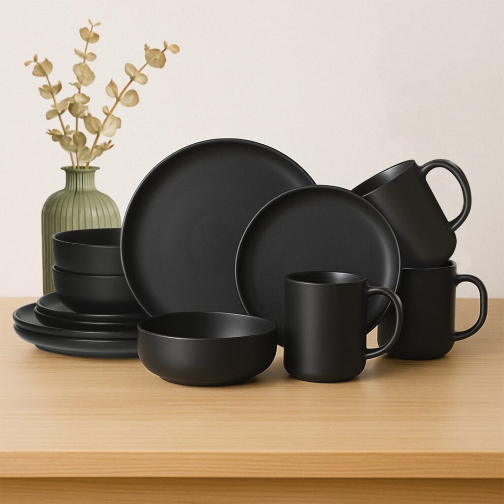 12-Piece Stoneware Dinnerware Set With Mug for 3,Black