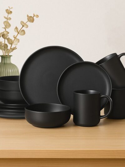 12-Piece Stoneware Dinnerware Set With Mug for 3,Black