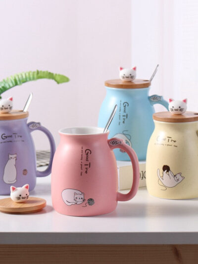 Cute Cat Ceramic Mug with Wooden Lid