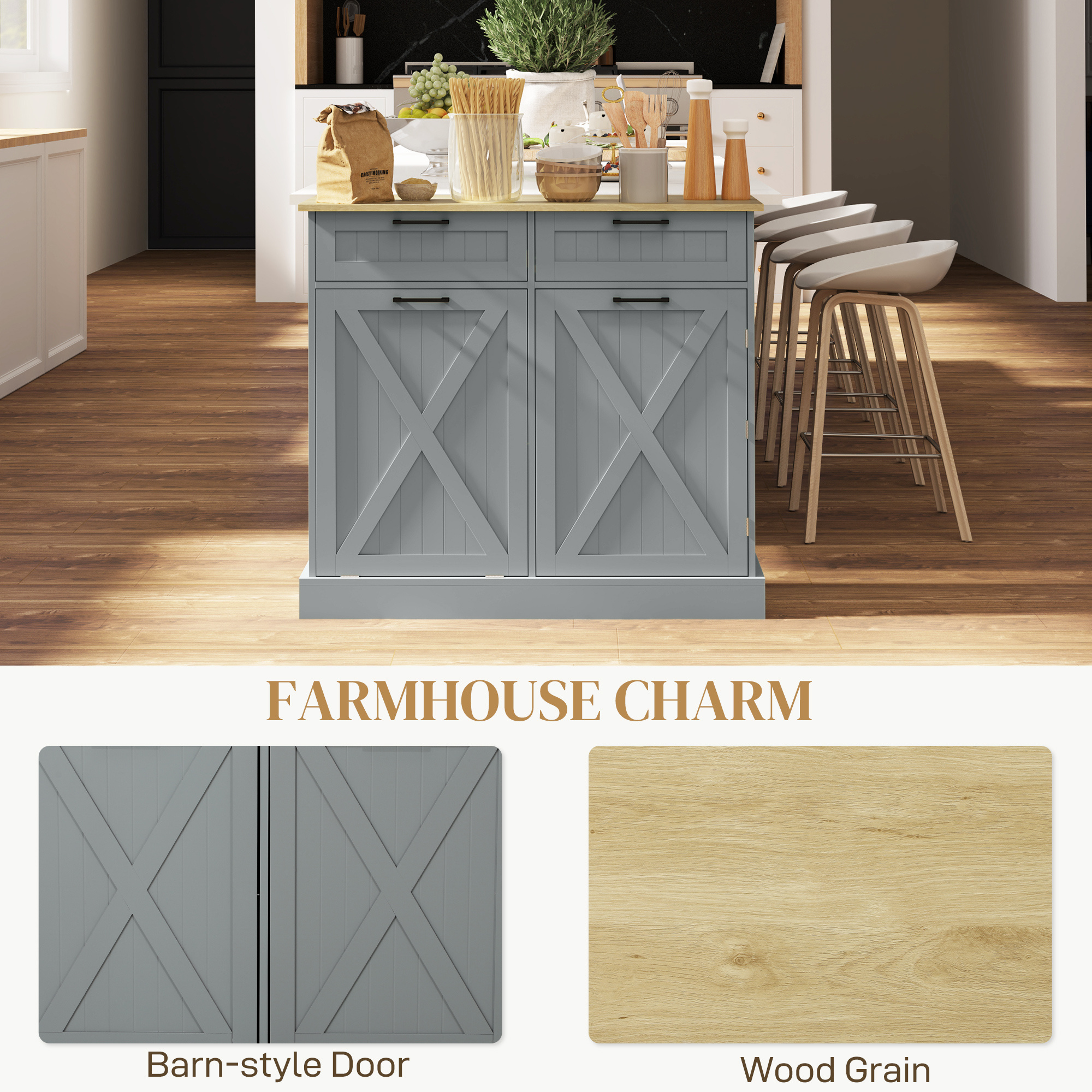 Farmhouse Kitchen Cabinet with Hidden Trash Can and 2 Drawers, Tilt Out for 10 Gallon, Gray - Image 8