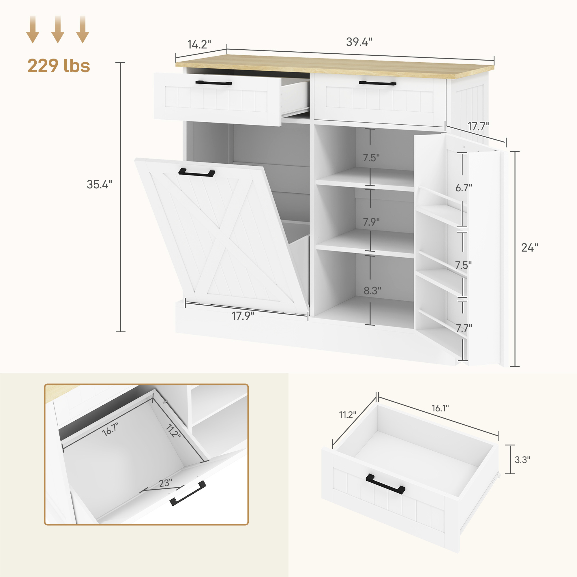Farmhouse Kitchen Cabinet with Hidden Trash Can and 2 Drawers, Tilt Out for 10 Gallon, White - Image 5