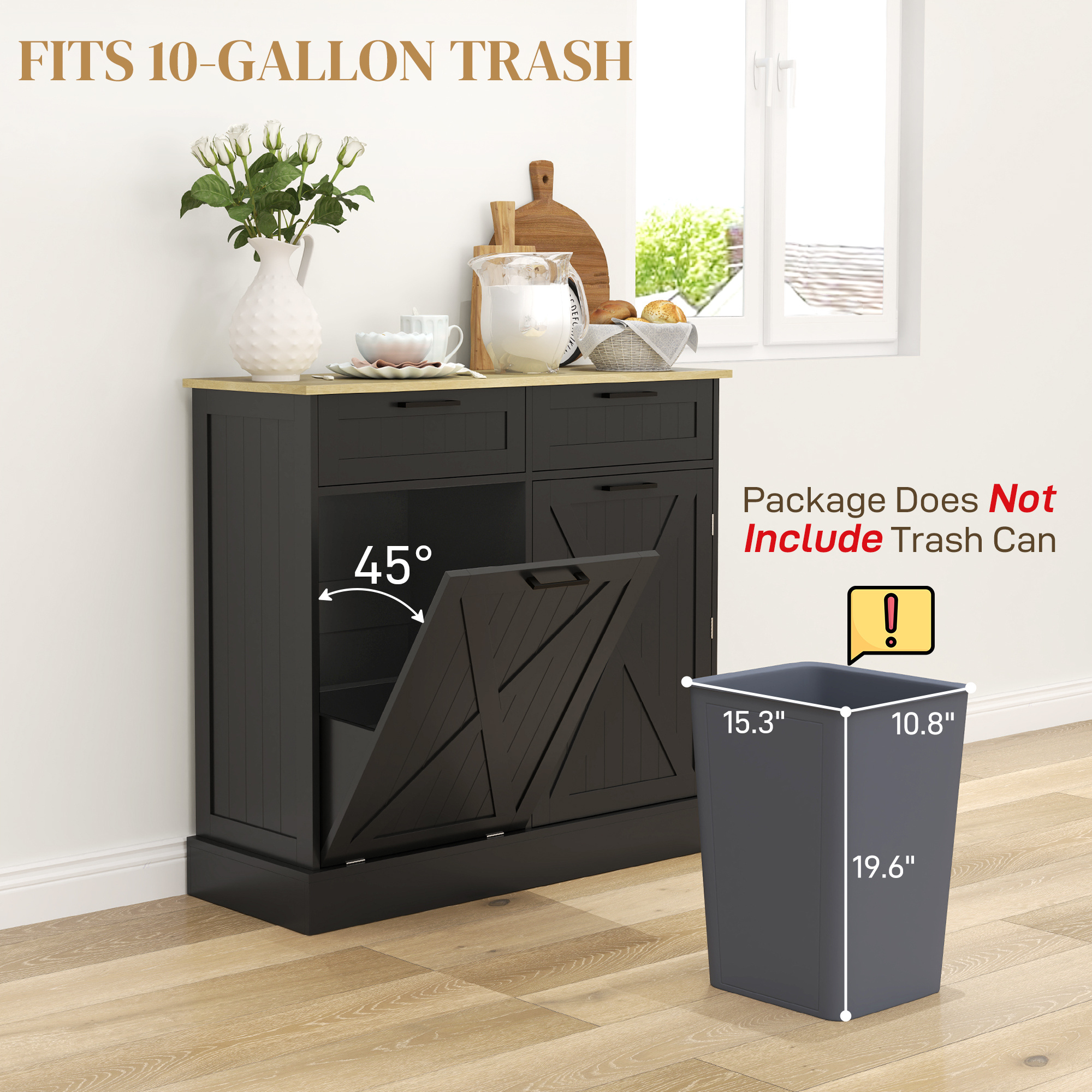 Farmhouse Kitchen Cabinet with Hidden Trash Can and 2 Drawers, Tilt Out for 10 Gallon, Black - Image 3