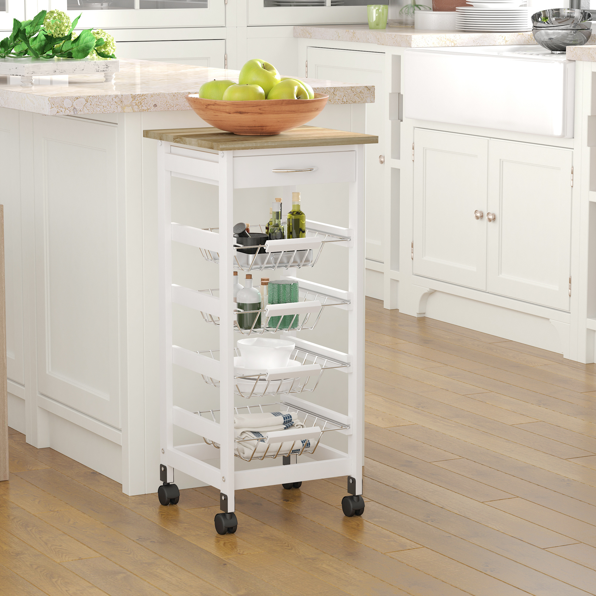 Rolling Kitchen Island with Storage, Solid Wood Frame Mobile Utility Cart with Wire Baskets and Drawer