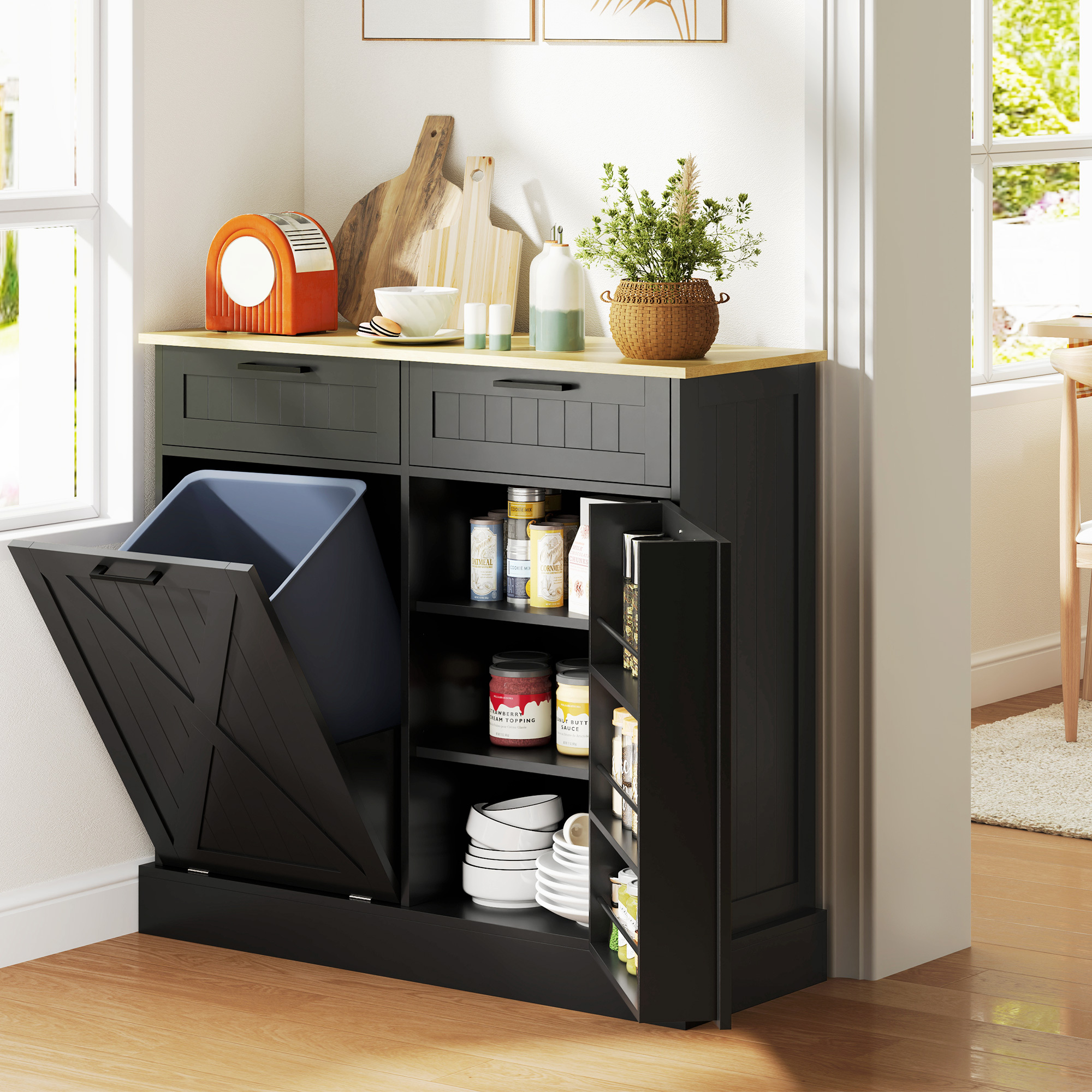 Farmhouse Kitchen Cabinet with Hidden Trash Can and 2 Drawers, Tilt Out for 10 Gallon, Black