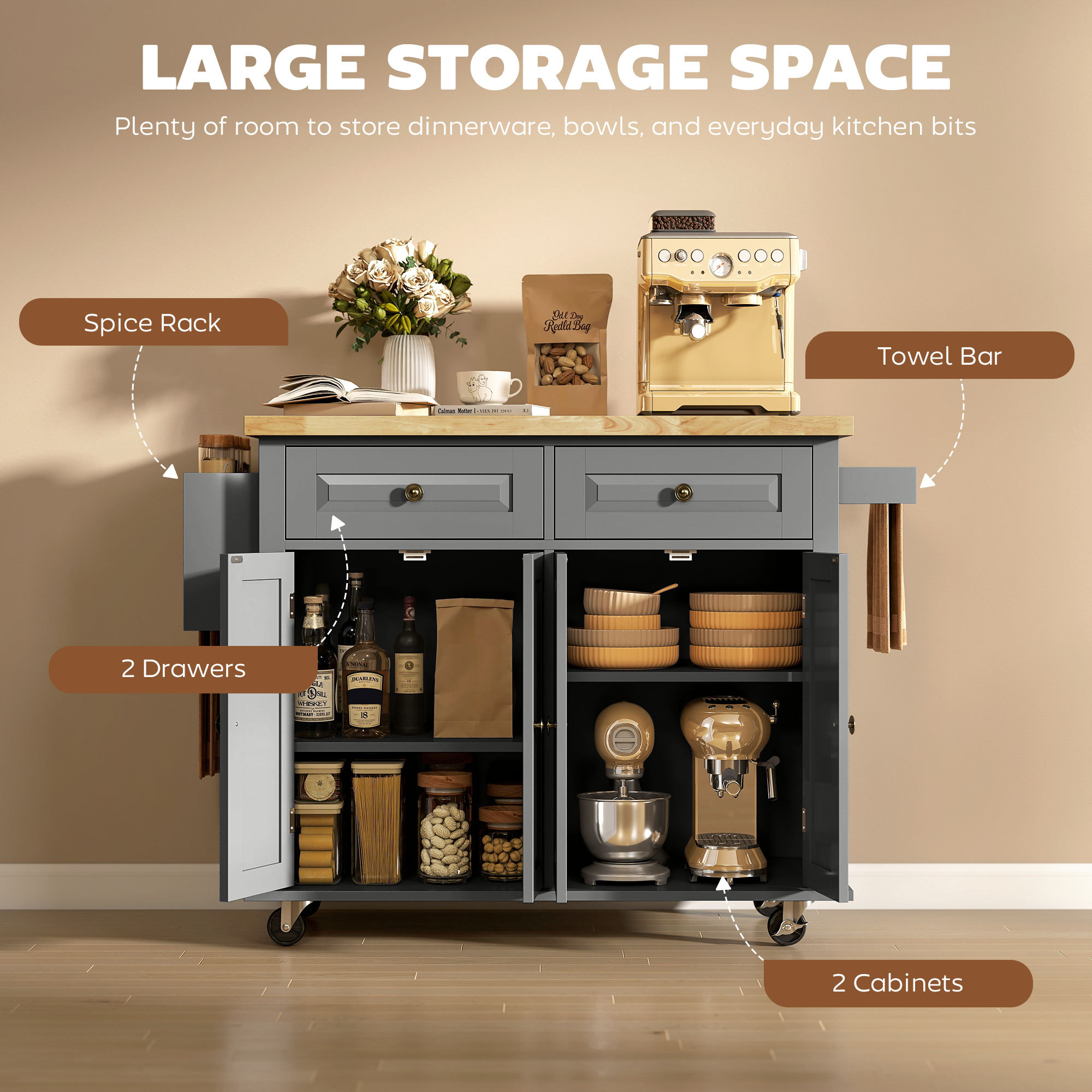 Rolling Kitchen Island on Wheels with Drawers, Adjustable Shelves, Spice Rack and Towel Rack, Gray - Image 7