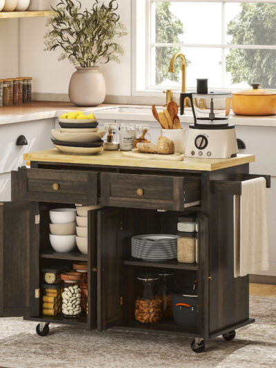 Rolling Kitchen Island with Drawers, Adjustable Shelves, Spice Rack and Towel Rack, Brown Oak