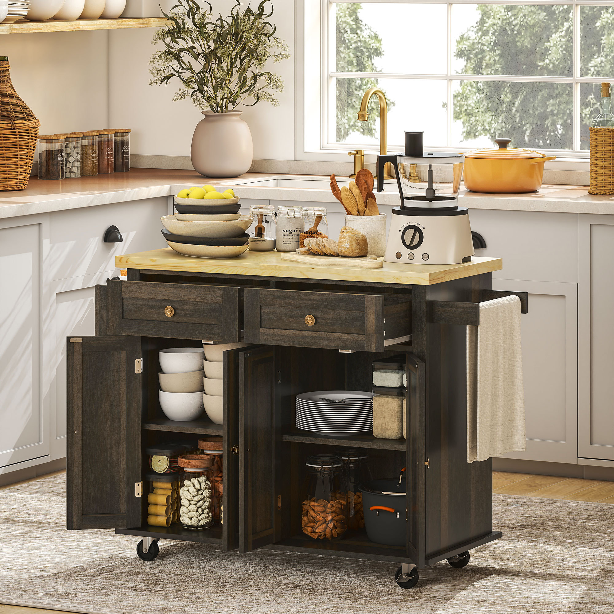 Rolling Kitchen Island with Drawers, Adjustable Shelves, Spice Rack and Towel Rack, Brown Oak