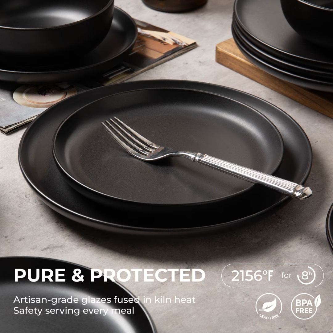 12-Piece Stoneware Dinnerware Set With Mug for 3,Black - Image 10