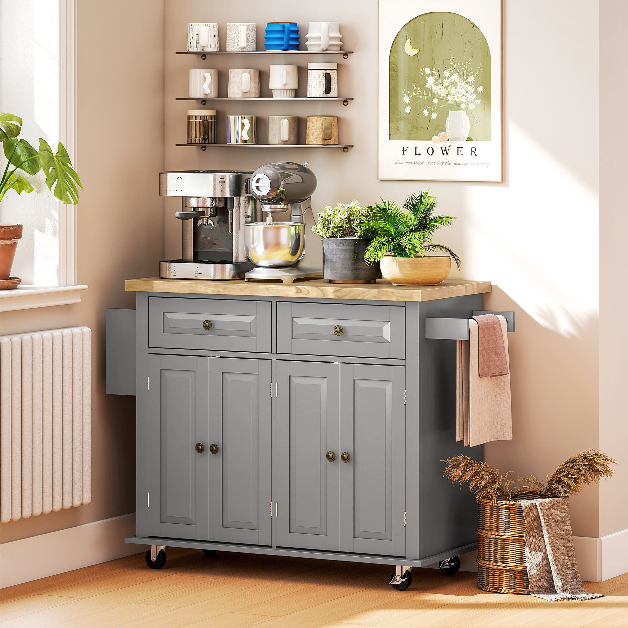 Rolling Kitchen Island on Wheels with Drawers, Adjustable Shelves, Spice Rack and Towel Rack, Gray - Image 5