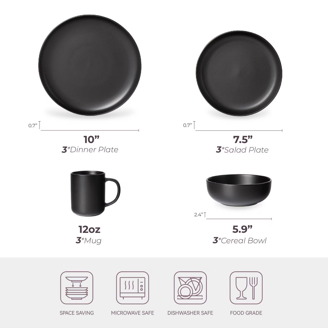 12-Piece Stoneware Dinnerware Set With Mug for 3,Black - Image 7
