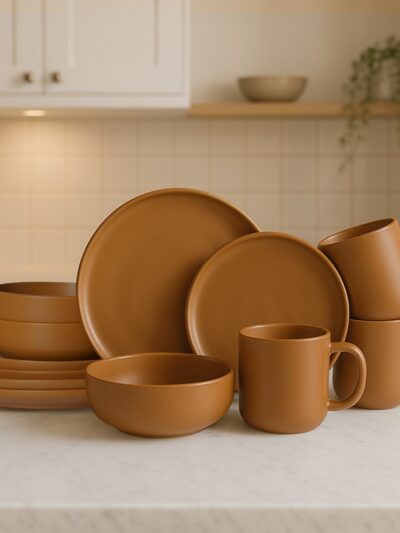 12-Piece Stoneware Dinnerware Set With Mugs for 3, Terracotta Orange