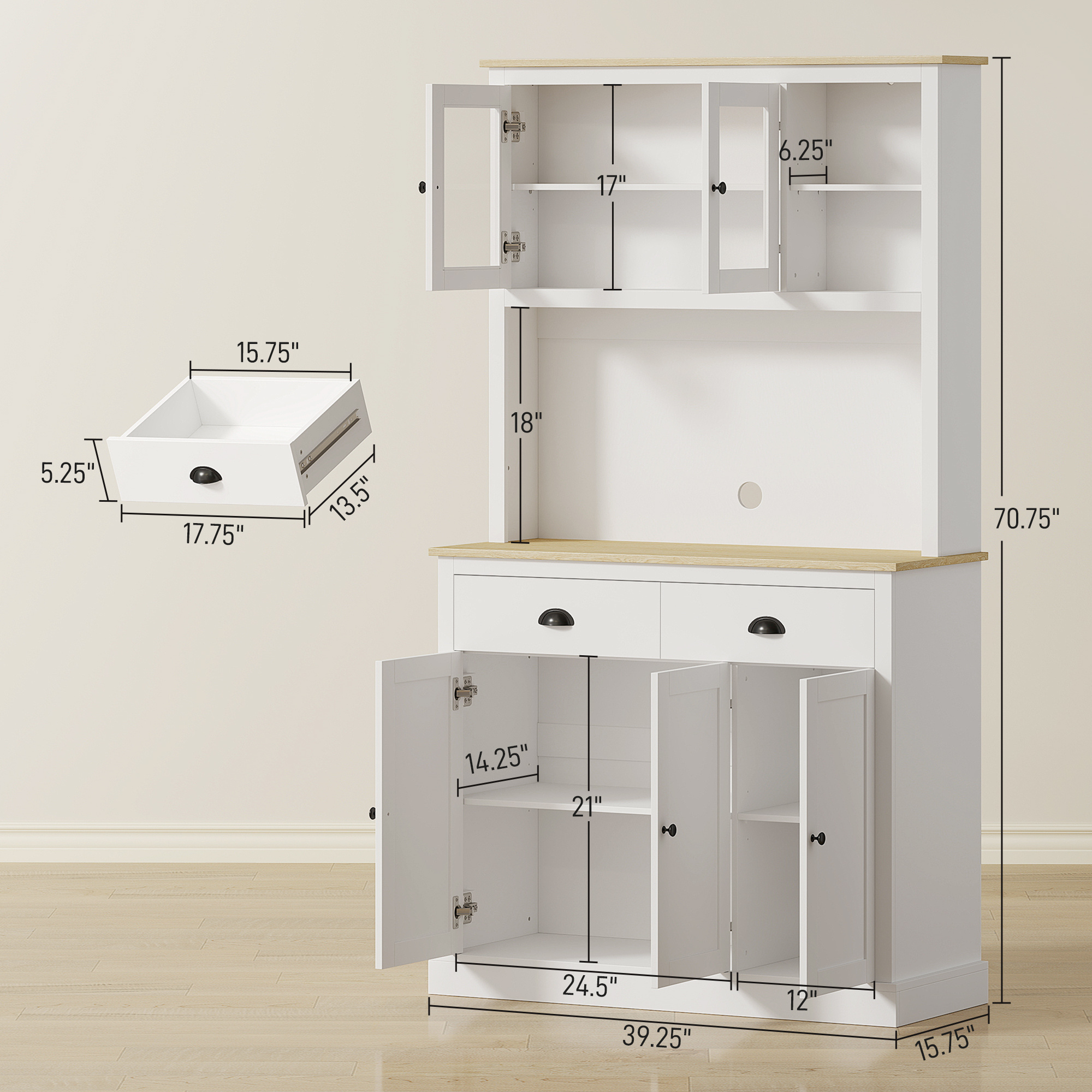 Freestanding Kitchen Cabinet, 71" Tall Pantry Cabinet, White - Image 3