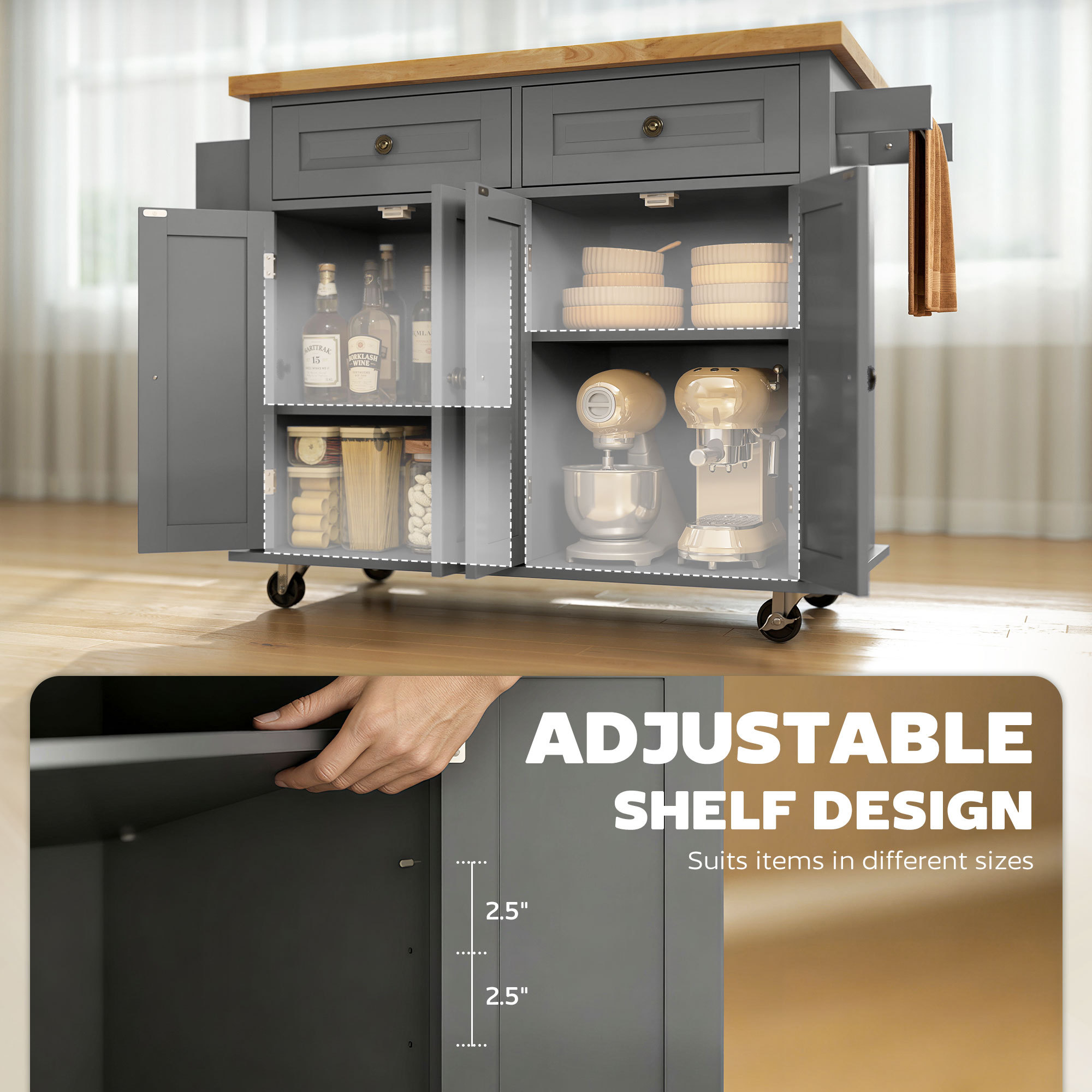 Rolling Kitchen Island on Wheels with Drawers, Adjustable Shelves, Spice Rack and Towel Rack, Gray - Image 8
