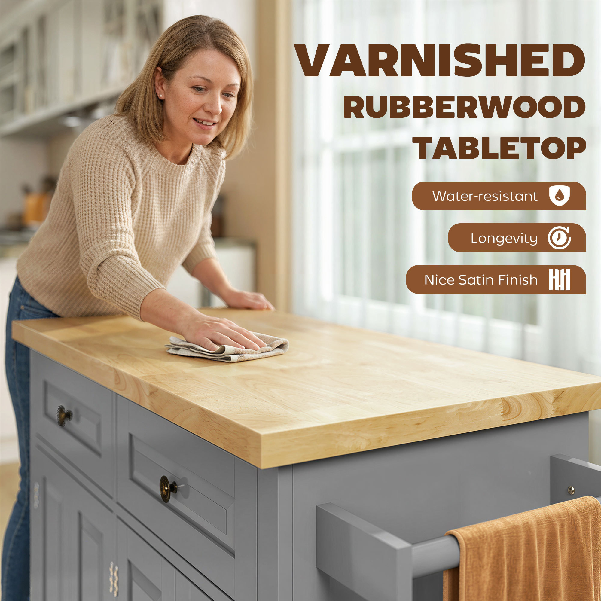 Rolling Kitchen Island on Wheels with Drawers, Adjustable Shelves, Spice Rack and Towel Rack, Gray - Image 3