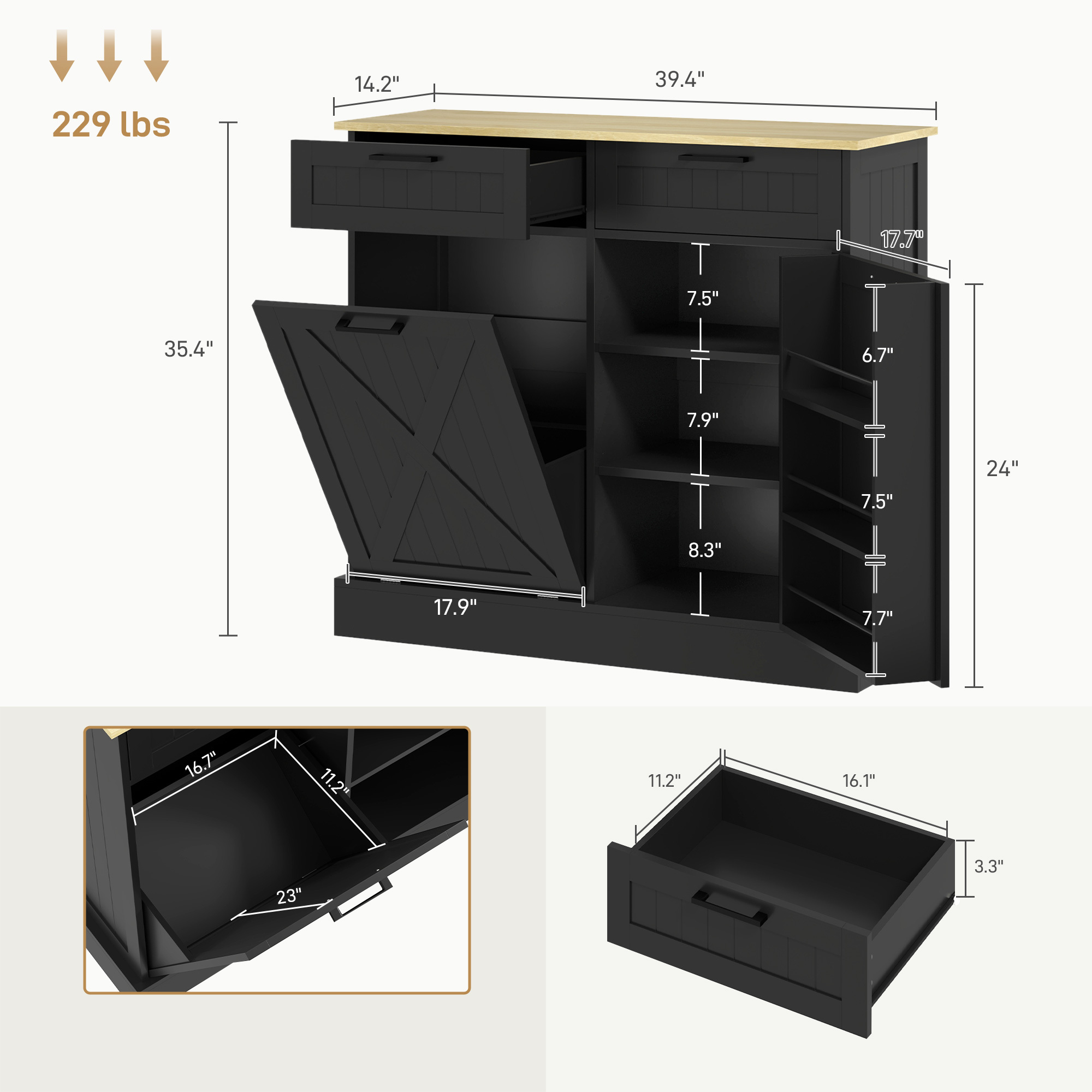 Farmhouse Kitchen Cabinet with Hidden Trash Can and 2 Drawers, Tilt Out for 10 Gallon, Black - Image 6