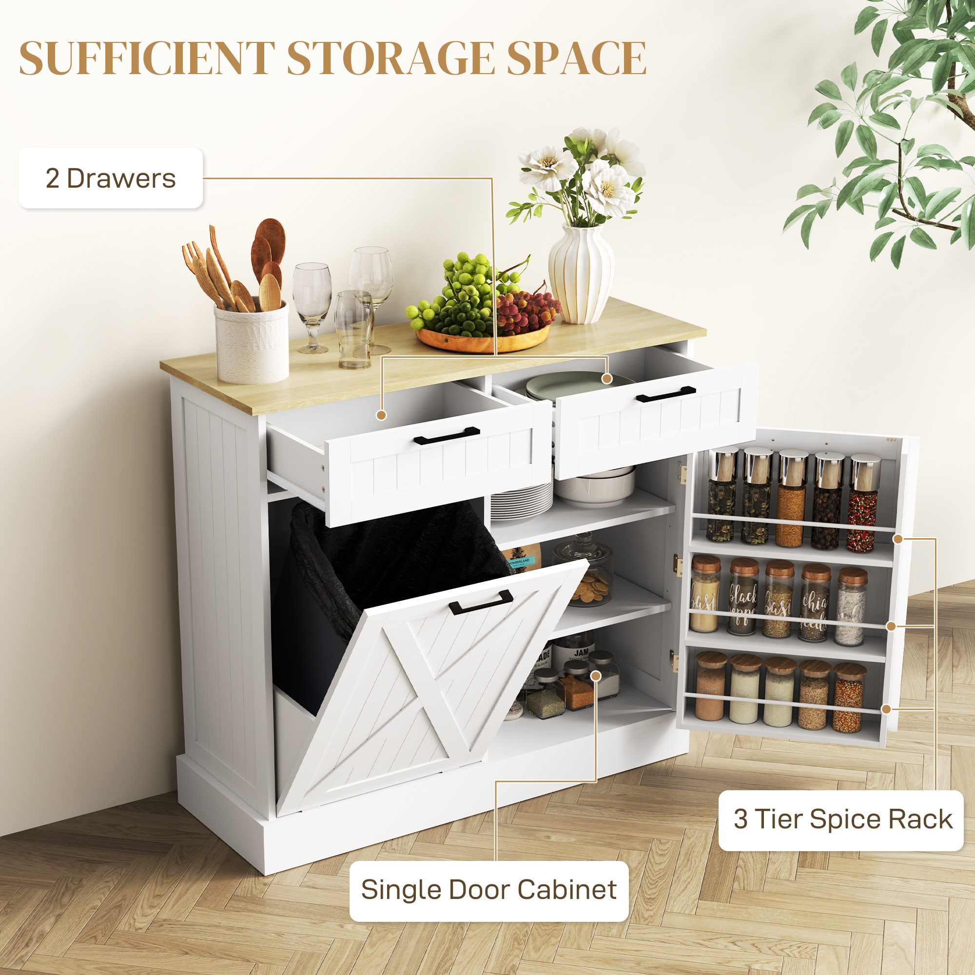 Farmhouse Kitchen Cabinet with Hidden Trash Can and 2 Drawers, Tilt Out for 10 Gallon, White - Image 8