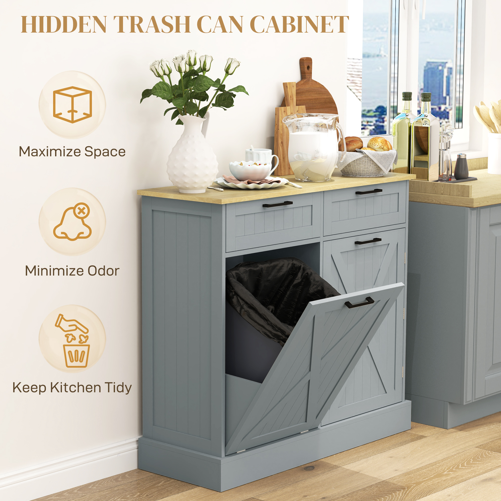 Farmhouse Kitchen Cabinet with Hidden Trash Can and 2 Drawers, Tilt Out for 10 Gallon, Gray - Image 5