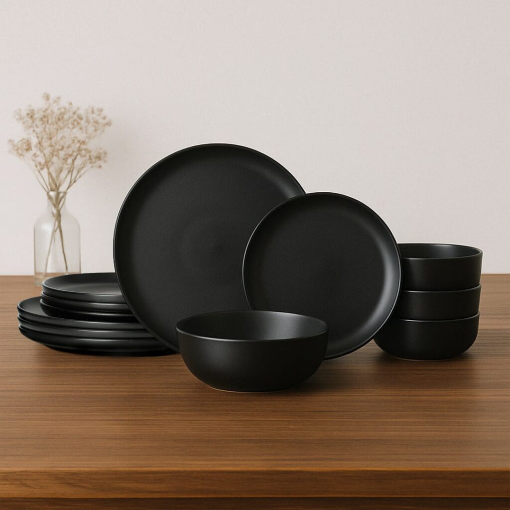 12-Piece Stoneware Dinner Set, Black for 4