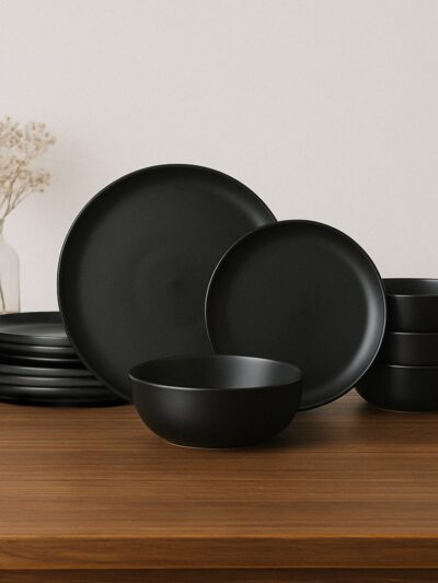 12-Piece Stoneware Dinner Set, Black for 4