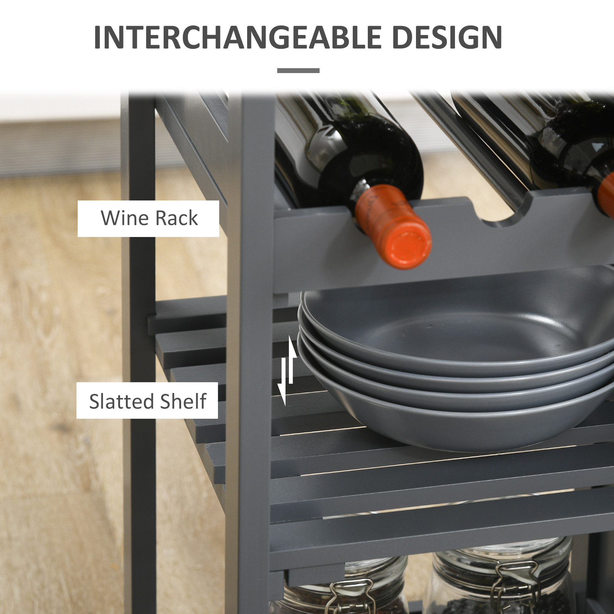 Rolling Kitchen Island with 4-bottle Wine Rack, Stemware Holder, Shelves, and Drawer, Gray - Image 5
