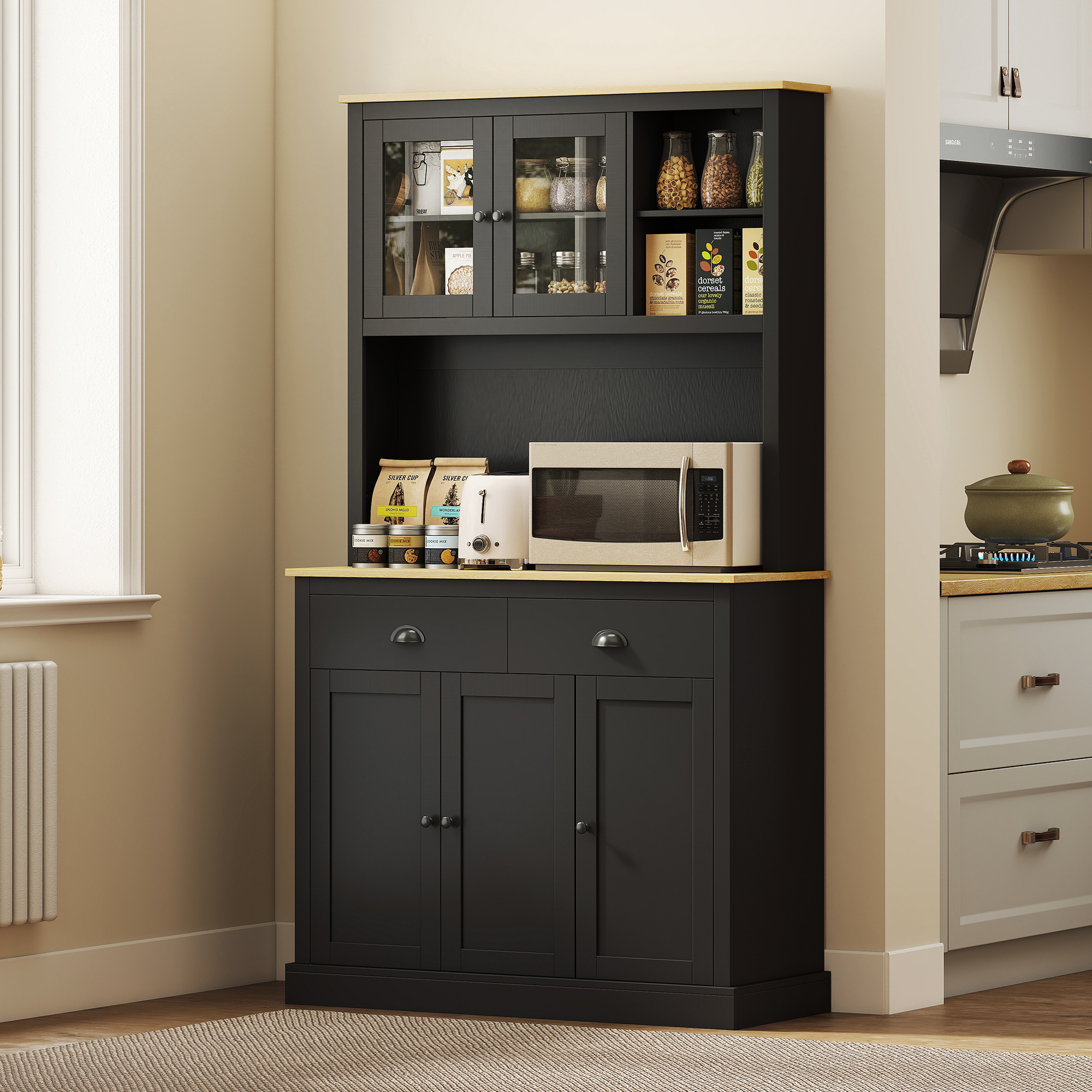 Freestanding Kitchen Cabinet, 71" Tall Pantry Cabinet, Black