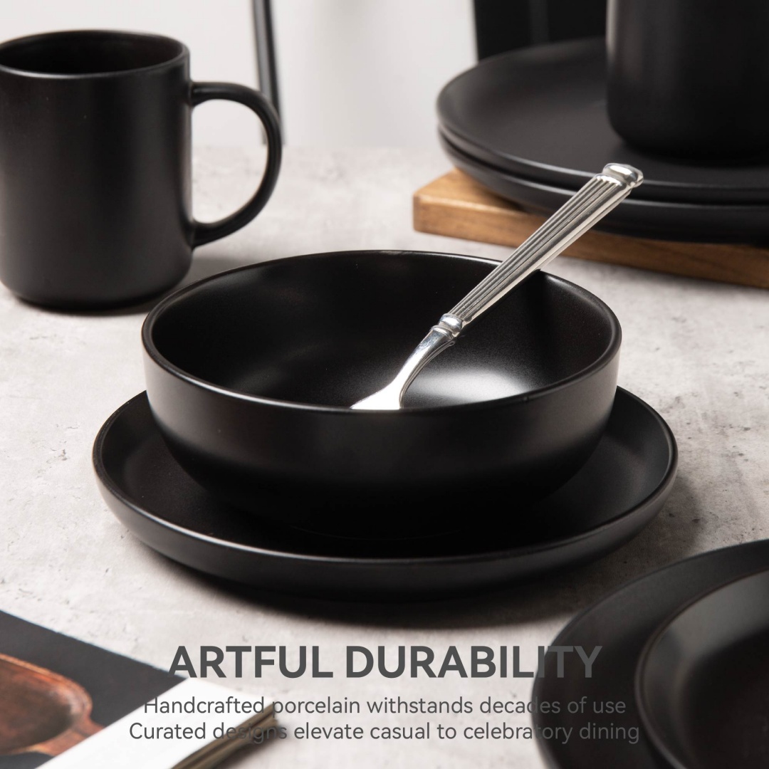 12-Piece Stoneware Dinnerware Set With Mug for 3,Black - Image 5