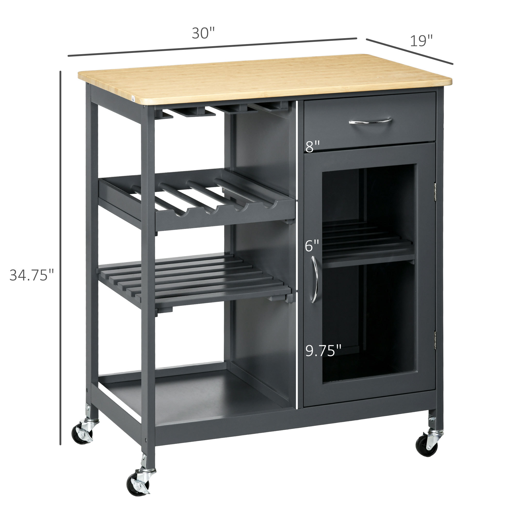 Rolling Kitchen Island with 4-bottle Wine Rack, Stemware Holder, Shelves, and Drawer, Gray - Image 8