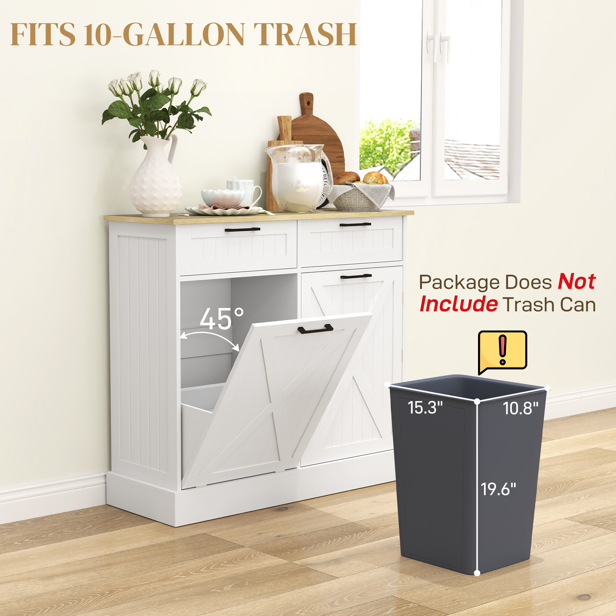 Farmhouse Kitchen Cabinet with Hidden Trash Can and 2 Drawers, Tilt Out for 10 Gallon, White - Image 4