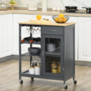 Rolling Kitchen Island with 4-bottle Wine Rack, Stemware Holder, Shelves, and Drawer, Gray