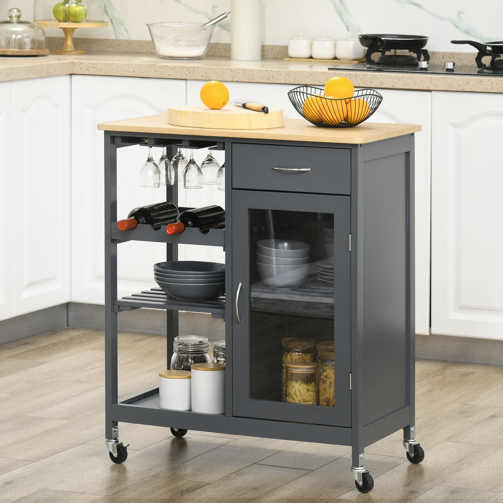 Rolling Kitchen Island with 4-bottle Wine Rack, Stemware Holder, Shelves, and Drawer, Gray