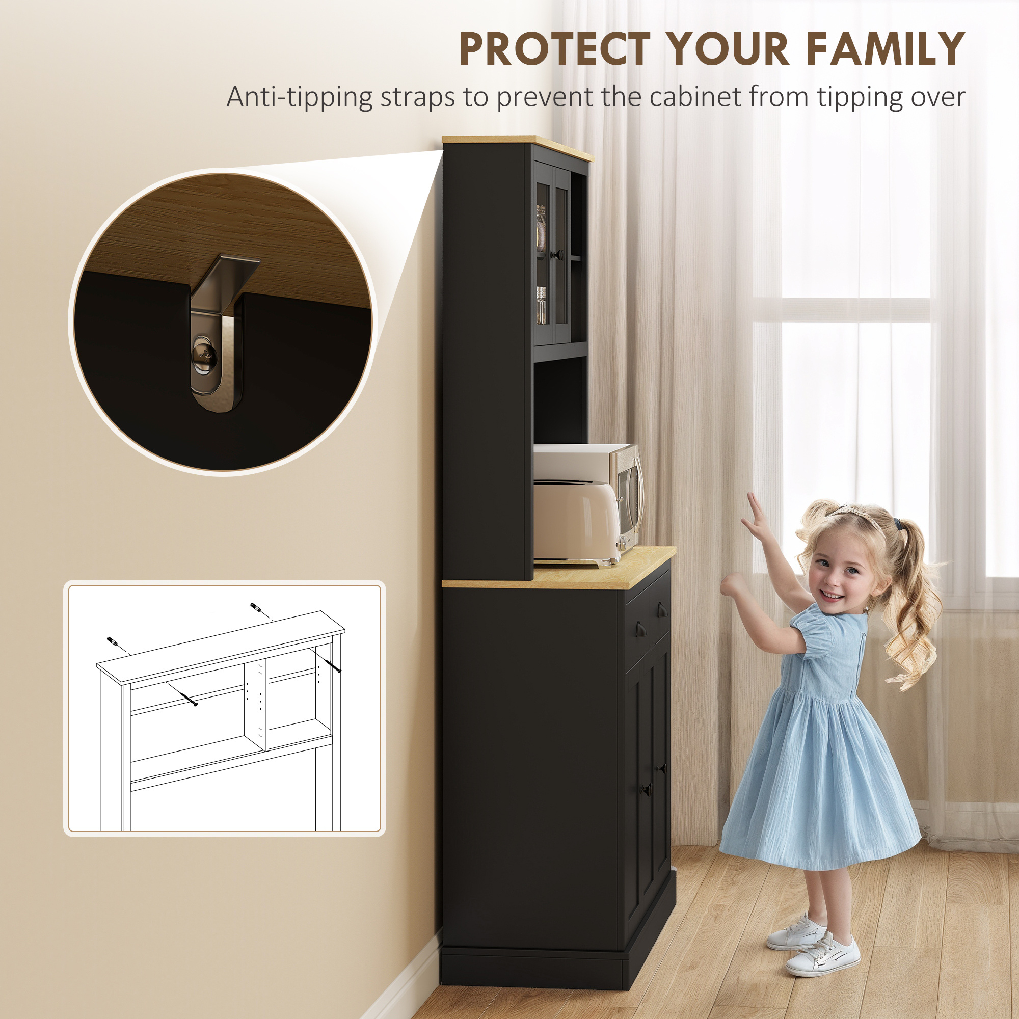 Freestanding Kitchen Cabinet, 71" Tall Pantry Cabinet, Black - Image 6
