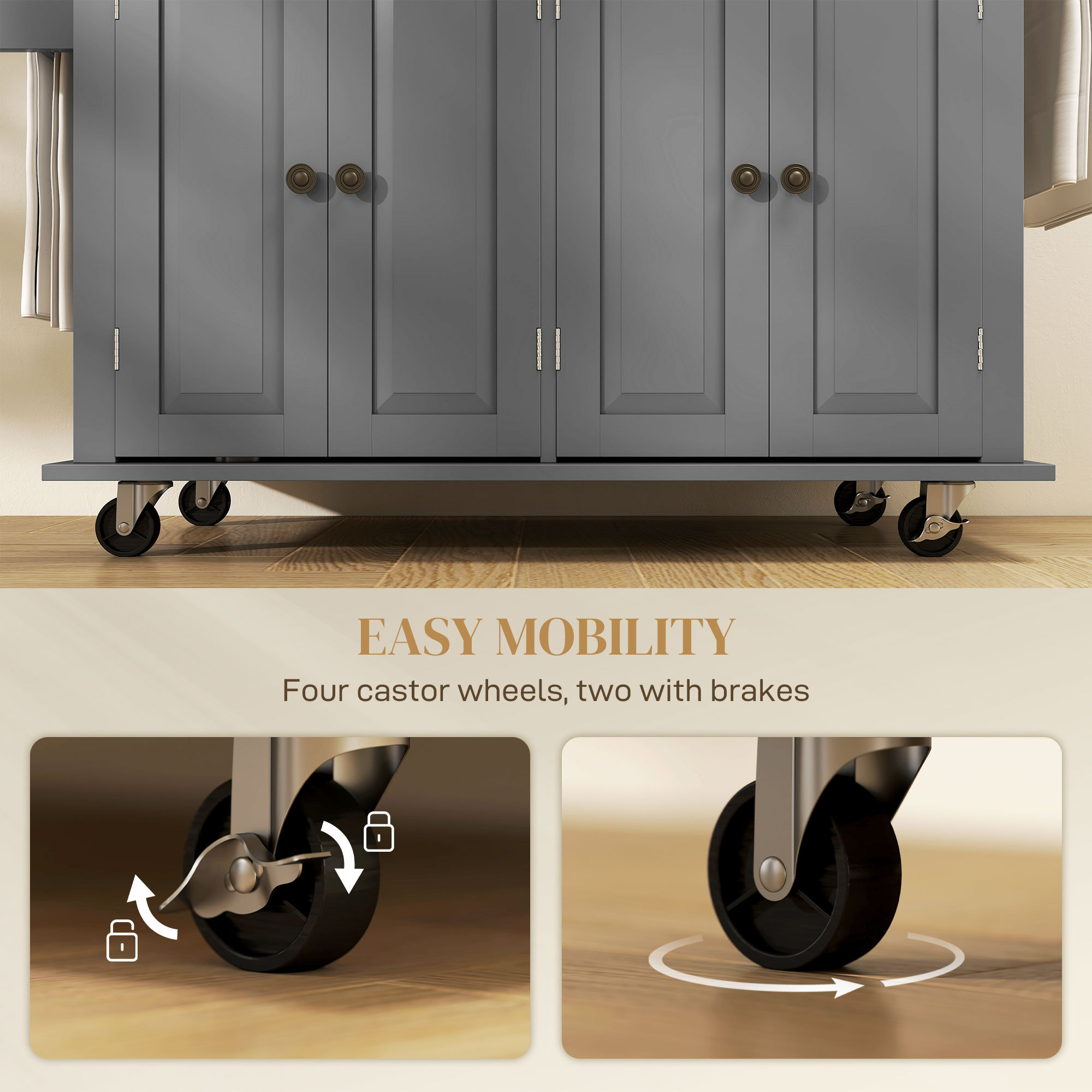 Rolling Kitchen Island on Wheels with Drawers, Adjustable Shelves, Spice Rack and Towel Rack, Gray - Image 4