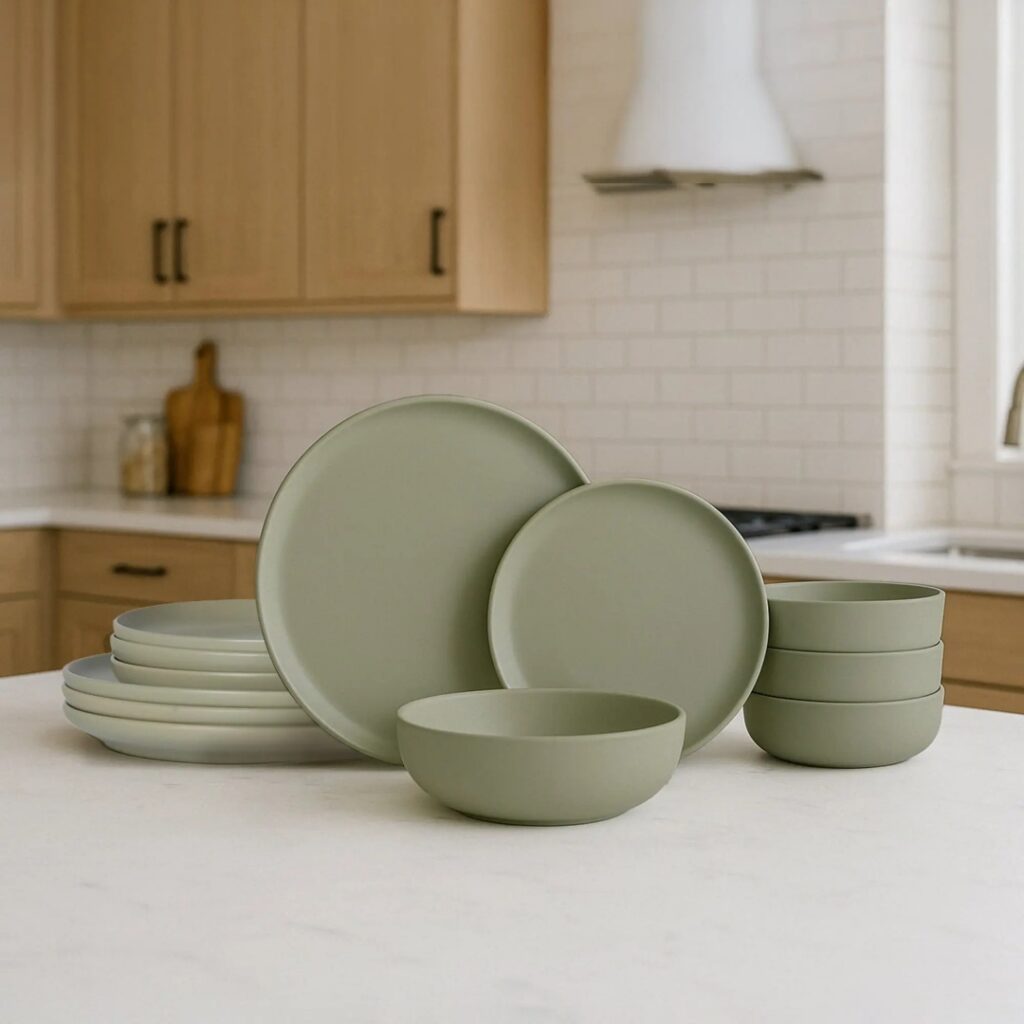 12-Piece Stoneware Dinner Set, Green, for 4