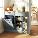 Farmhouse Kitchen Cabinet with Hidden Trash Can and 2 Drawers, Tilt Out for 10 Gallon, Gray
