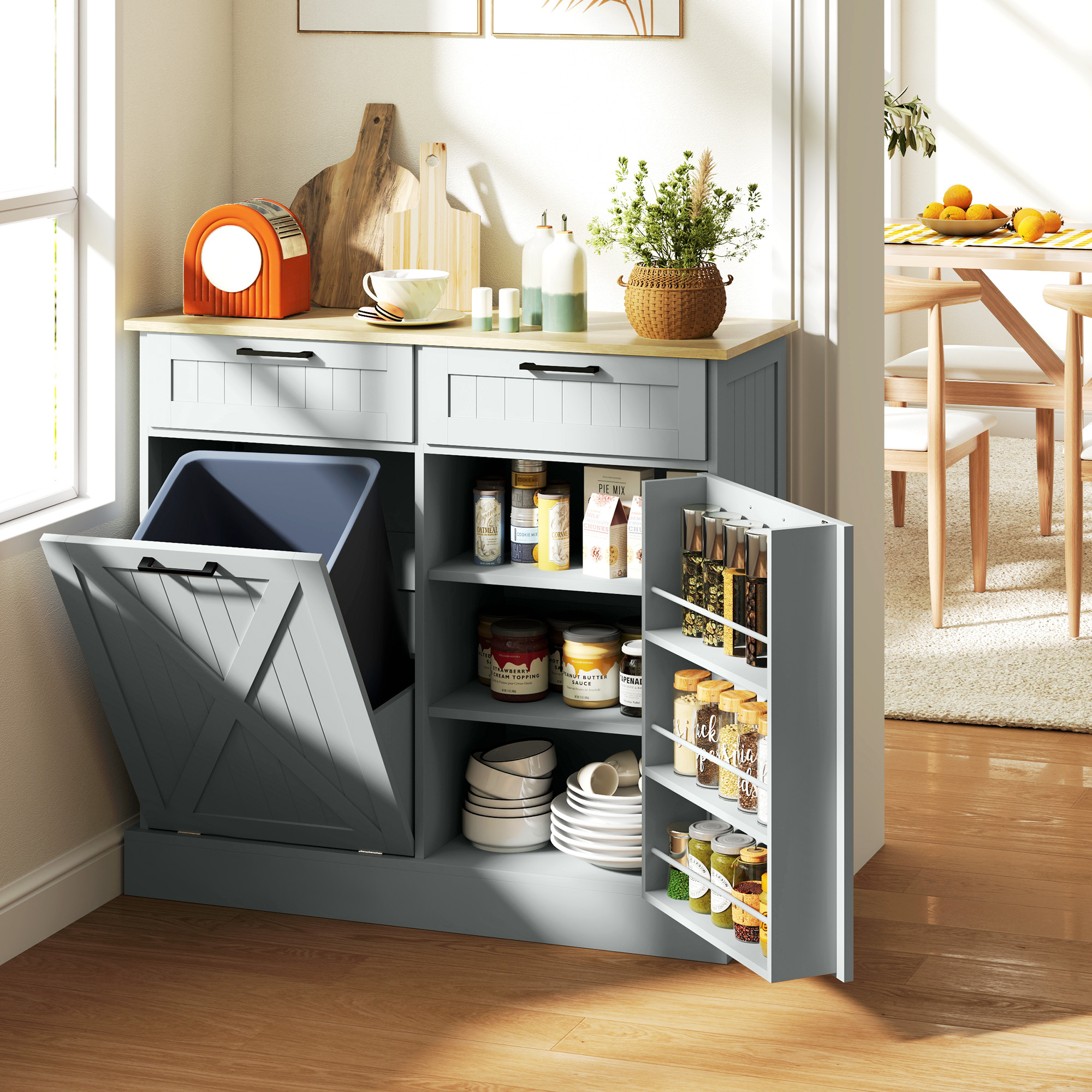 Farmhouse Kitchen Cabinet with Hidden Trash Can and 2 Drawers, Tilt Out for 10 Gallon, Gray