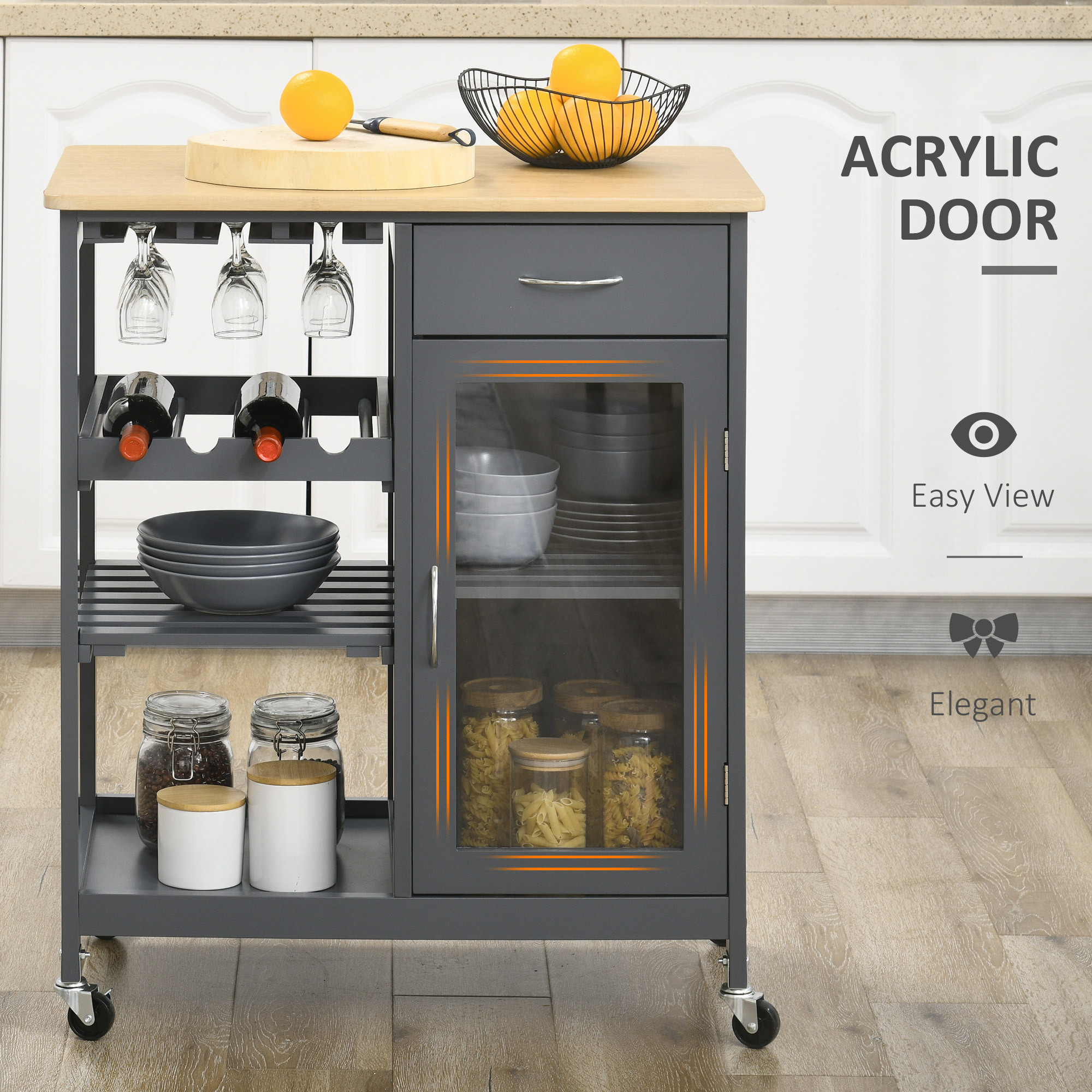Rolling Kitchen Island with 4-bottle Wine Rack, Stemware Holder, Shelves, and Drawer, Gray - Image 6