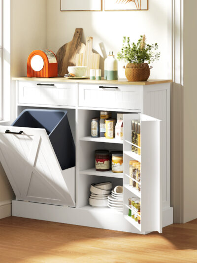 Farmhouse Kitchen Cabinet with Hidden Trash Can and 2 Drawers, Tilt Out for 10 Gallon, White