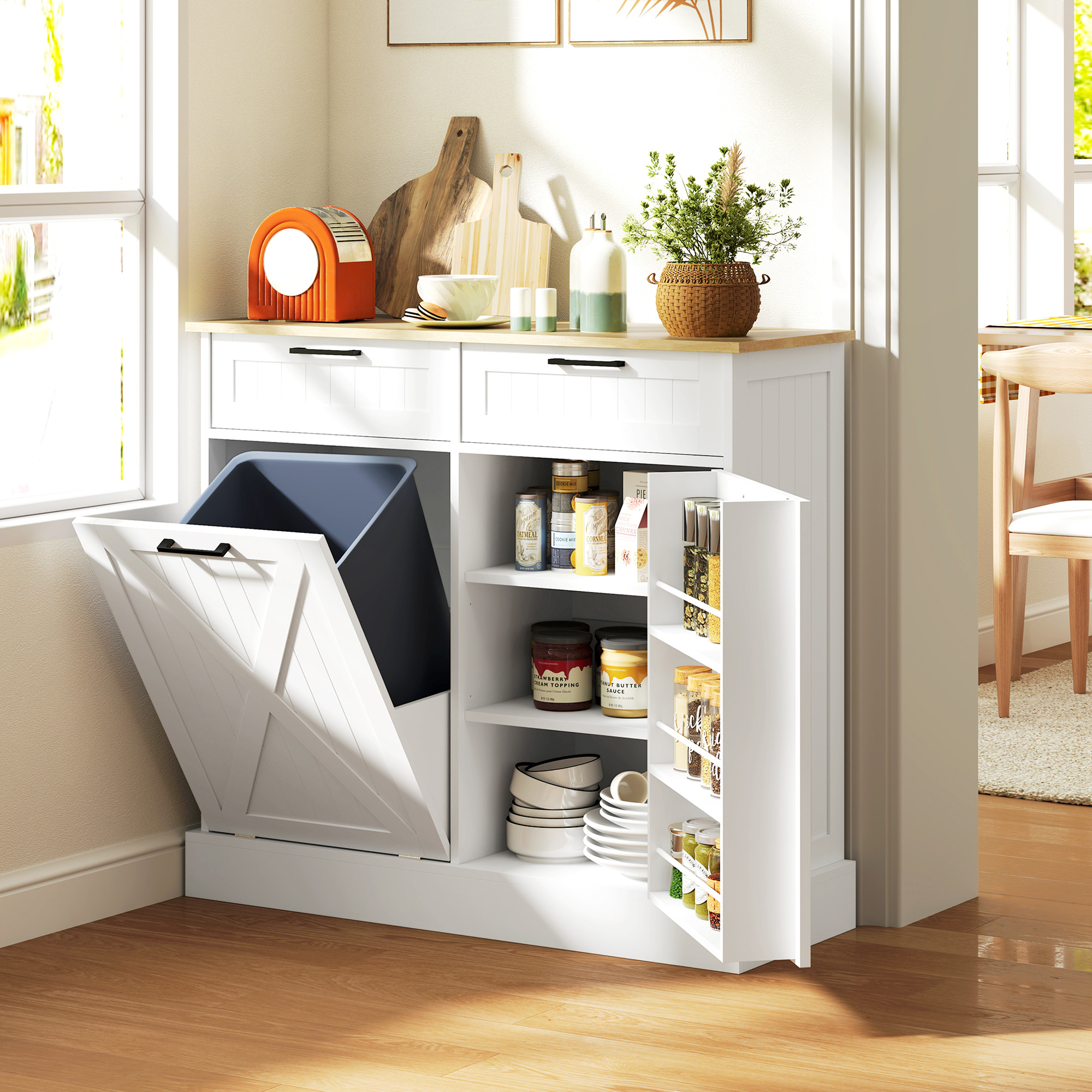 Farmhouse Kitchen Cabinet with Hidden Trash Can and 2 Drawers, Tilt Out for 10 Gallon, White