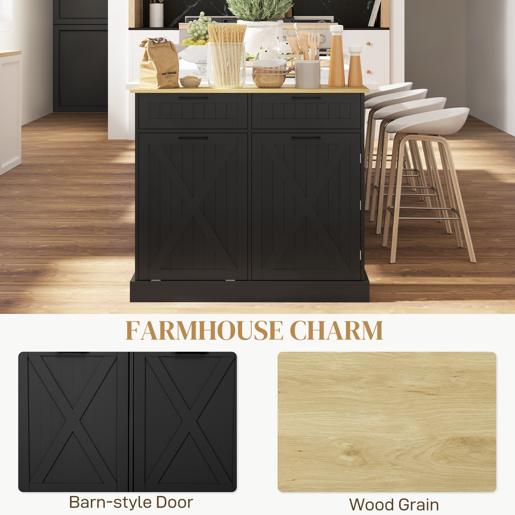 Farmhouse Kitchen Cabinet with Hidden Trash Can and 2 Drawers, Tilt Out for 10 Gallon, Black - Image 4