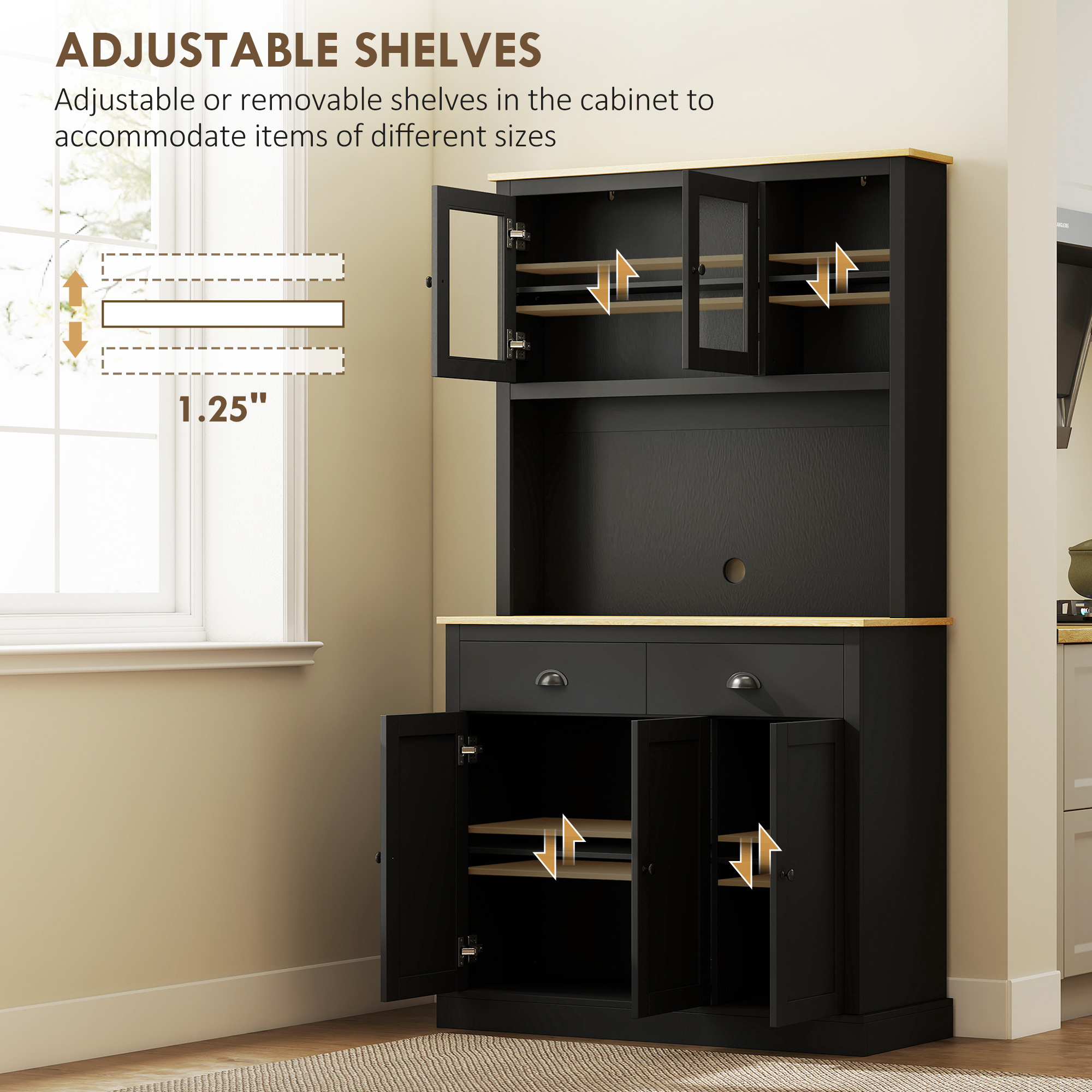 Freestanding Kitchen Cabinet, 71" Tall Pantry Cabinet, Black - Image 4