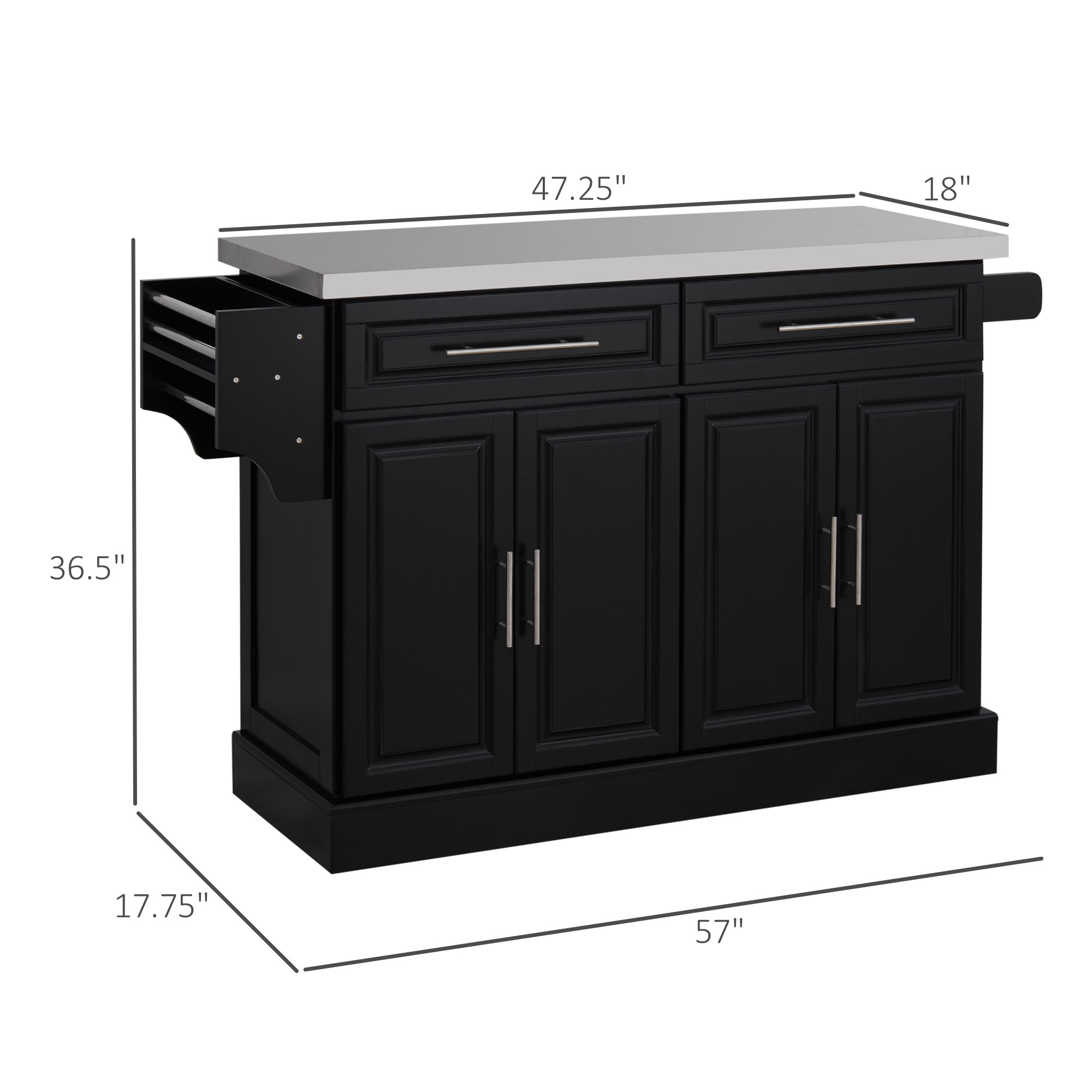 Rolling Kitchen Island with 47" Stainless Steel Top, Adjustable Shelves, 2 Drawers, Spice, Knife and Towel Rack, Black - Image 3