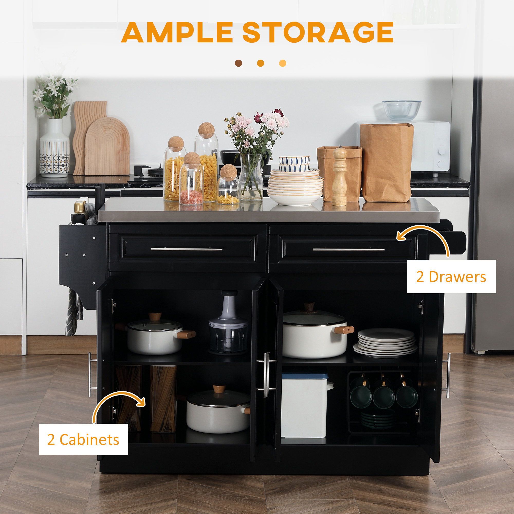 Rolling Kitchen Island with 47" Stainless Steel Top, Adjustable Shelves, 2 Drawers, Spice, Knife and Towel Rack, Black - Image 6