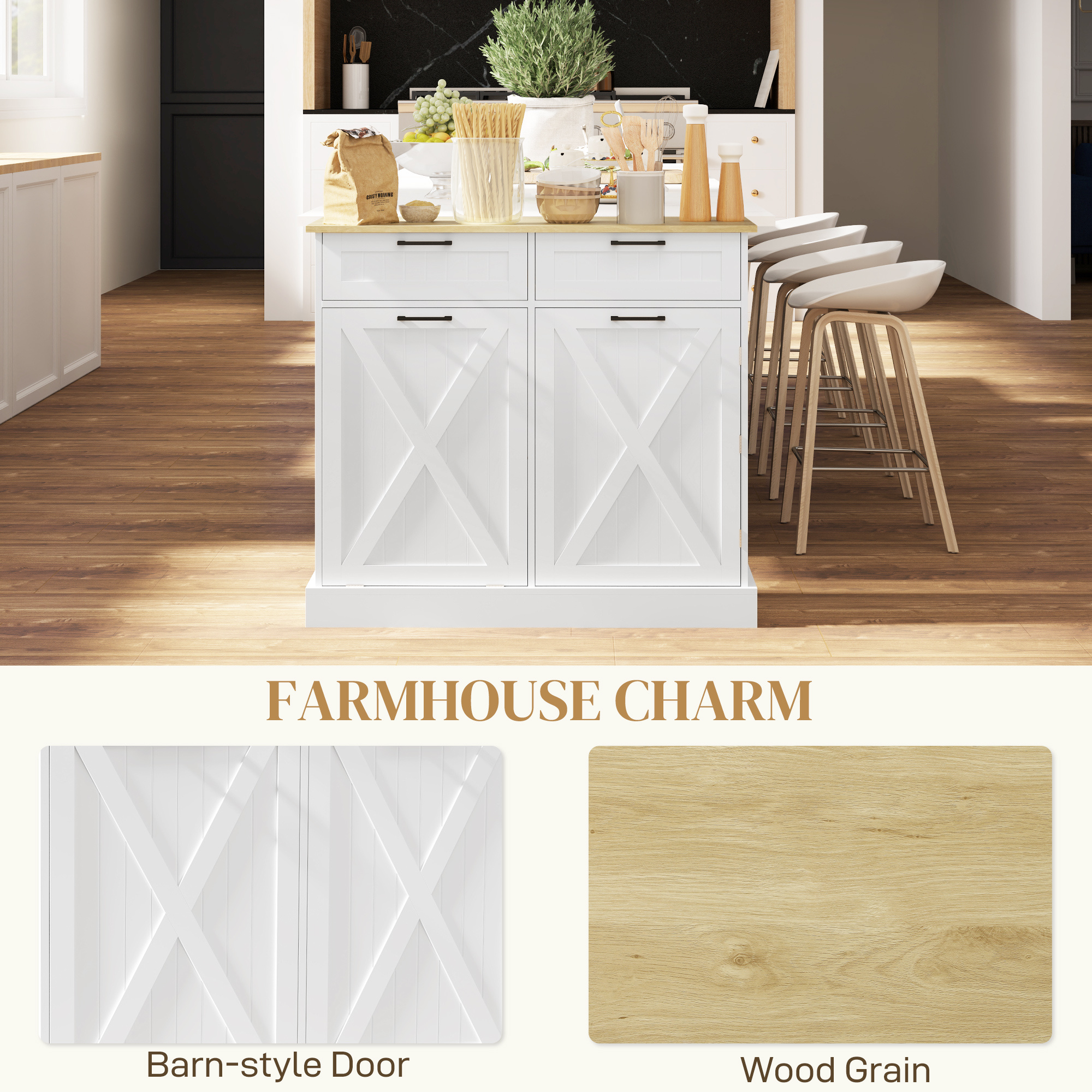 Farmhouse Kitchen Cabinet with Hidden Trash Can and 2 Drawers, Tilt Out for 10 Gallon, White - Image 7