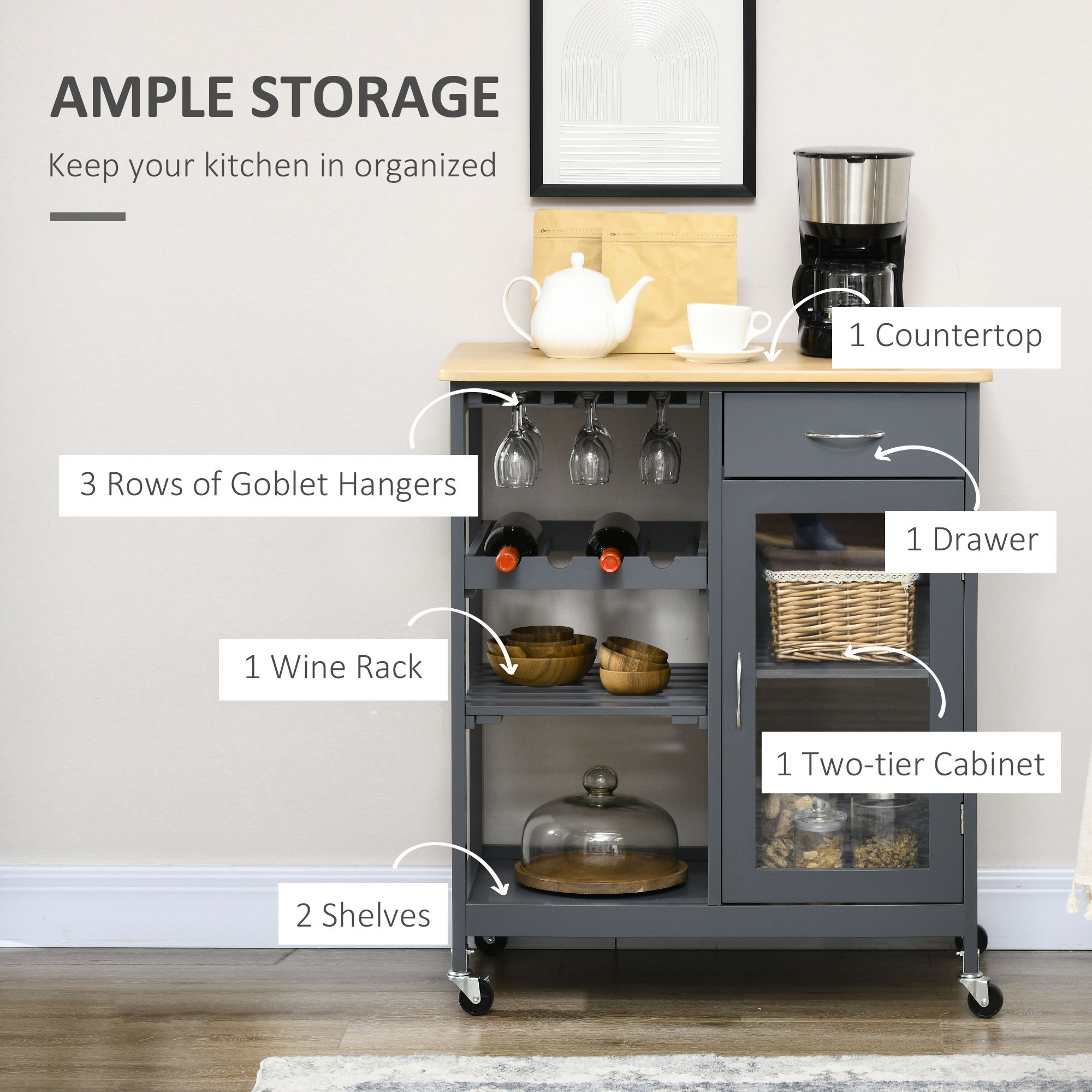 Rolling Kitchen Island with 4-bottle Wine Rack, Stemware Holder, Shelves, and Drawer, Gray - Image 4
