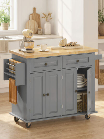 Rolling Kitchen Island on Wheels with Drawers, Adjustable Shelves, Spice Rack and Towel Rack, Gray