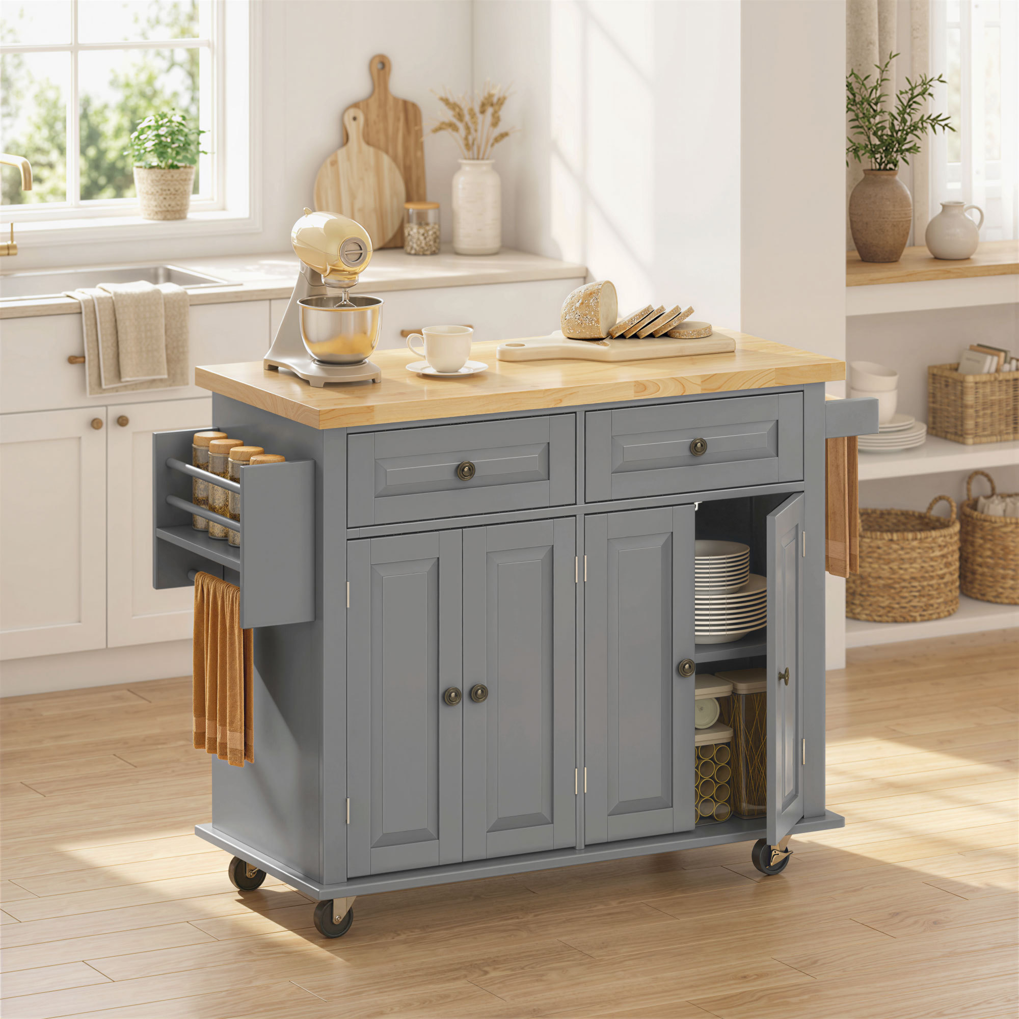 Rolling Kitchen Island on Wheels with Drawers, Adjustable Shelves, Spice Rack and Towel Rack, Gray