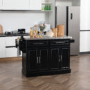 Rolling Kitchen Island with 47" Stainless Steel Top, Adjustable Shelves, 2 Drawers, Spice, Knife and Towel Rack, Black