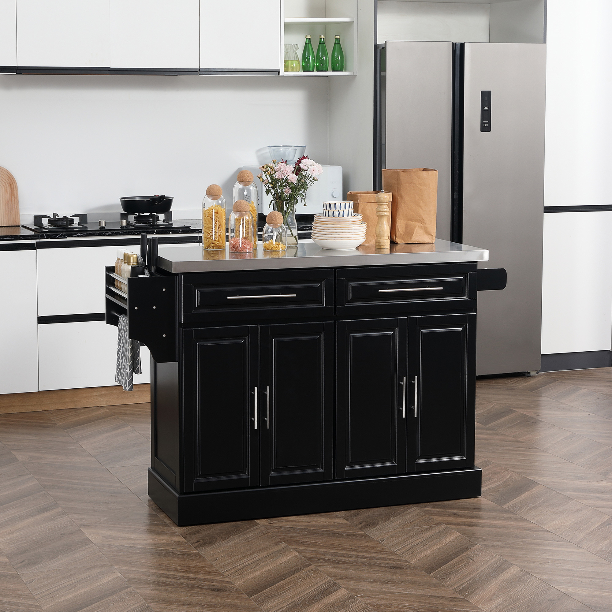 Rolling Kitchen Island with 47" Stainless Steel Top, Adjustable Shelves, 2 Drawers, Spice, Knife and Towel Rack, Black